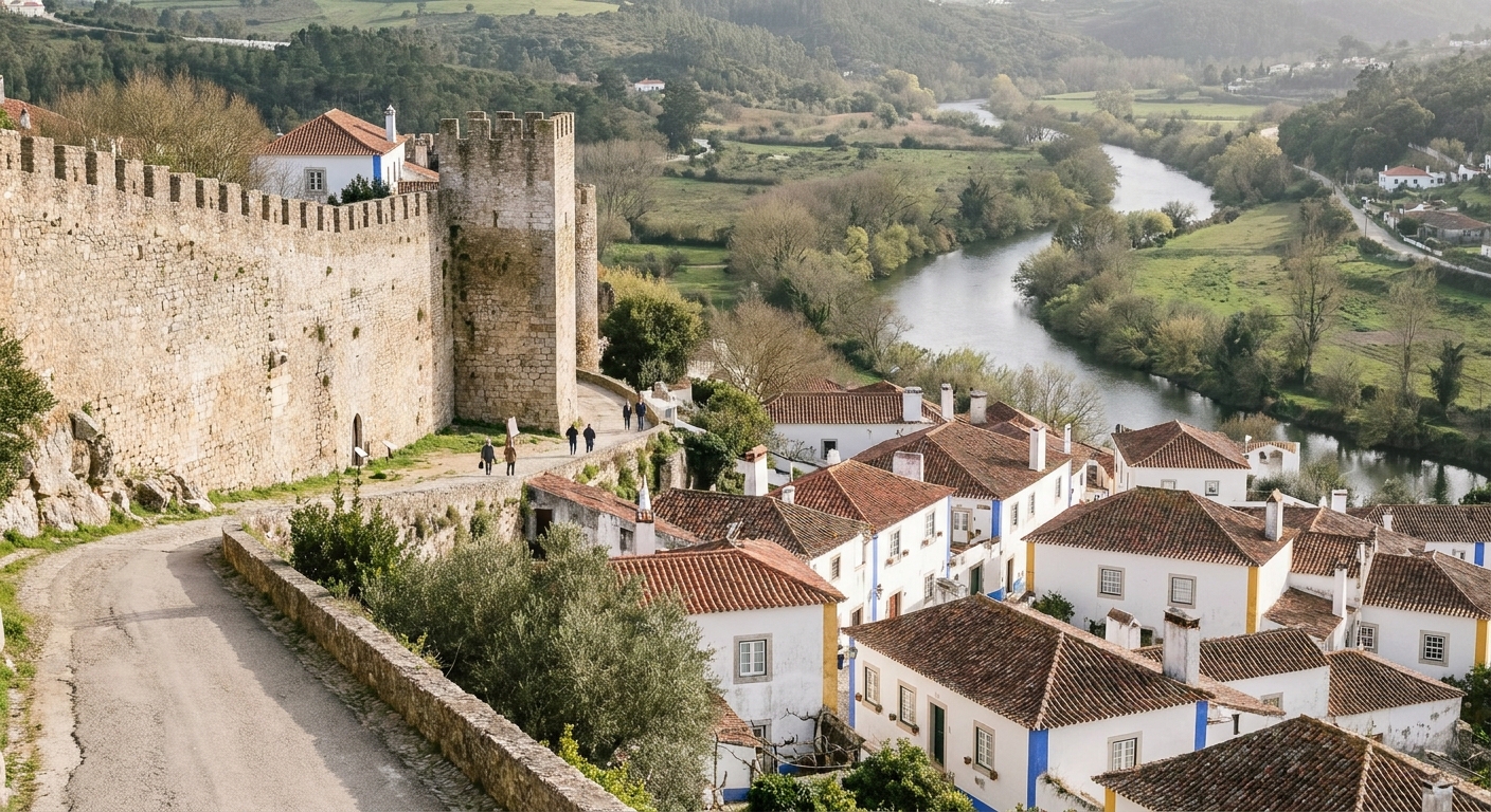 The medieval town wall of Óbidos curving above white houses with red roofs under a clear sky