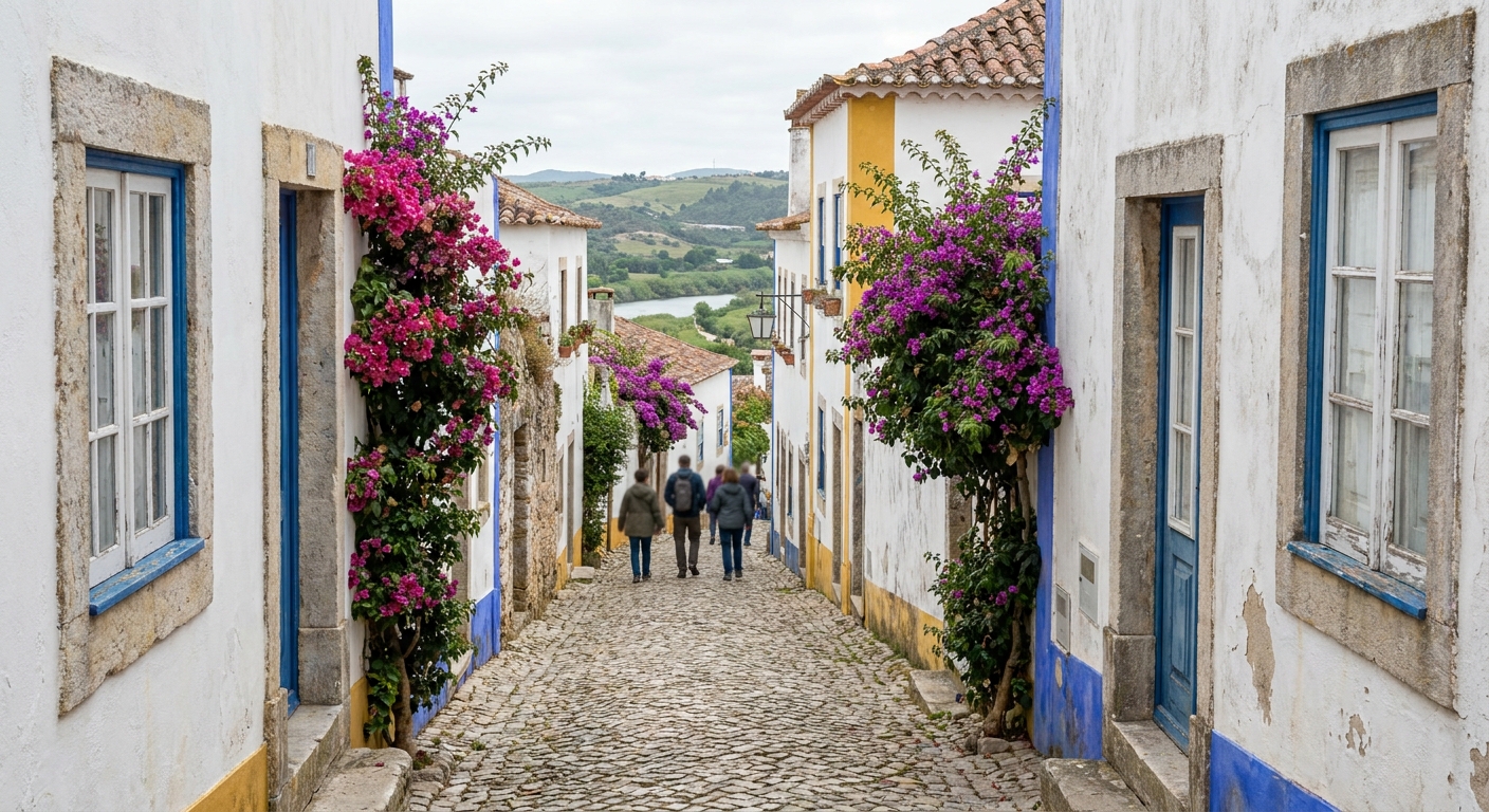 A narrow cobbled street of whitewashed houses with flowering plants inside the walls of Óbidos