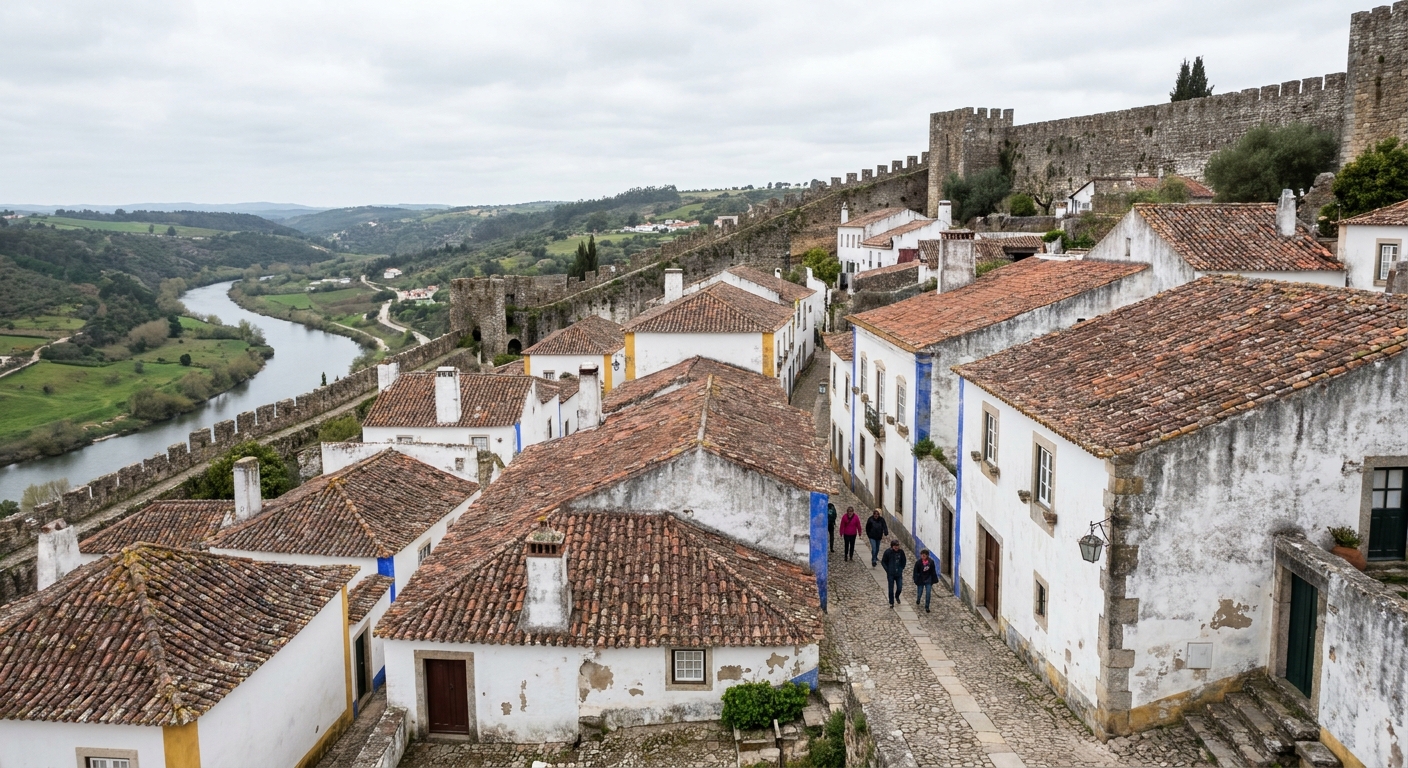 Whitewashed houses with red roofs inside stone town walls on a hillside under a cool spring sky