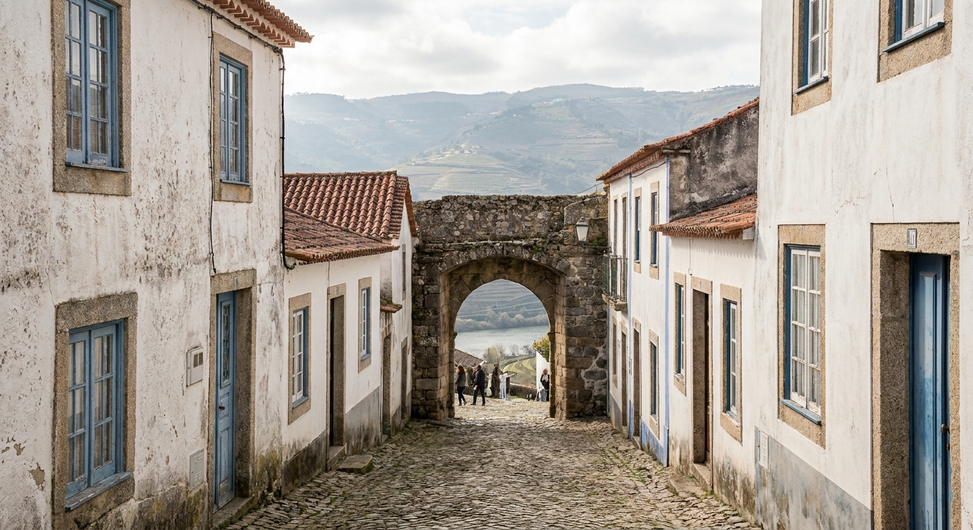 A narrow cobbled street of white houses with blue trim leading toward a stone gate