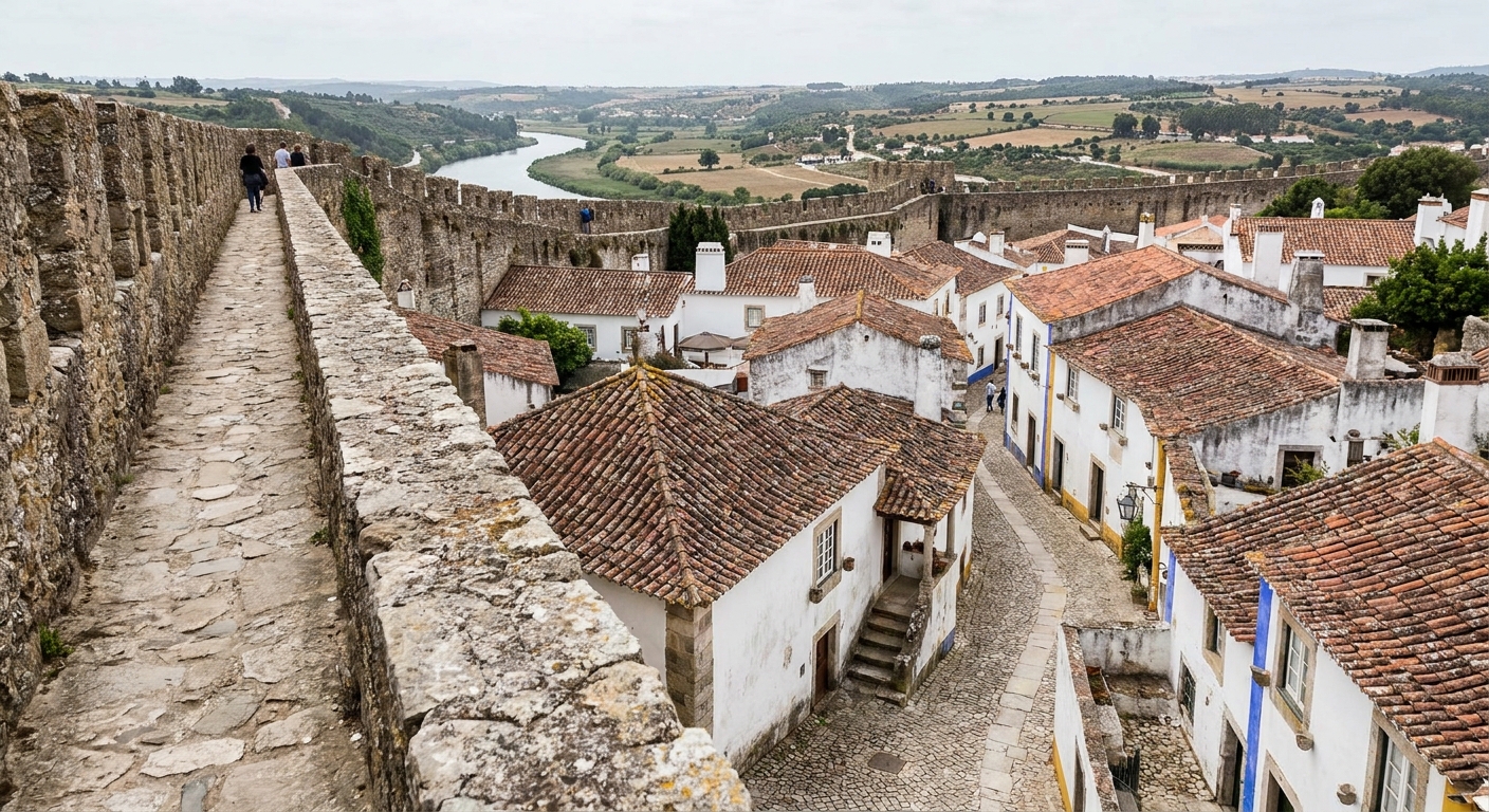 The medieval rampart walk of Óbidos above whitewashed houses and red rooftops under spring light