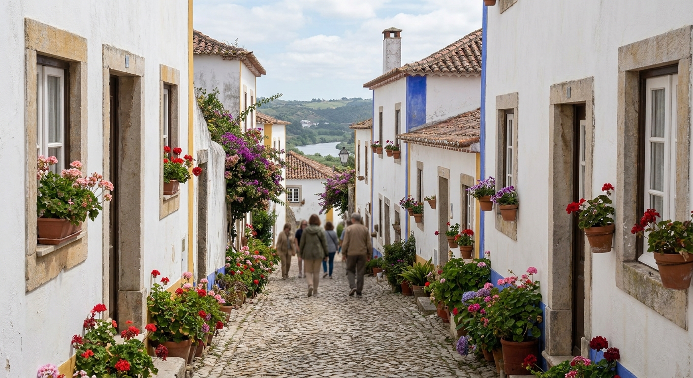 A narrow cobbled street of whitewashed houses trimmed in yellow and blue inside the walls of Óbidos