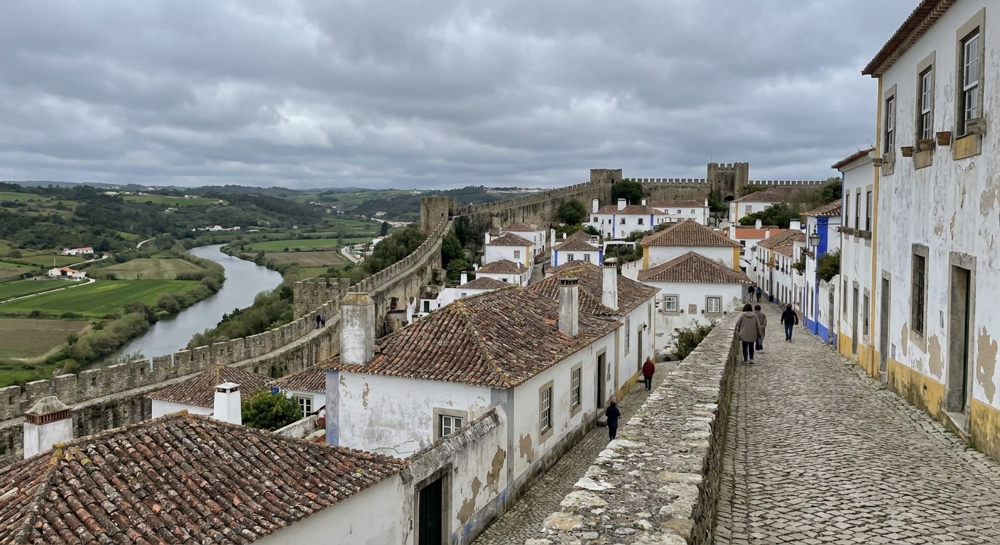 Whitewashed houses with yellow and blue painted trim along a narrow cobbled street inside the walls of Óbidos