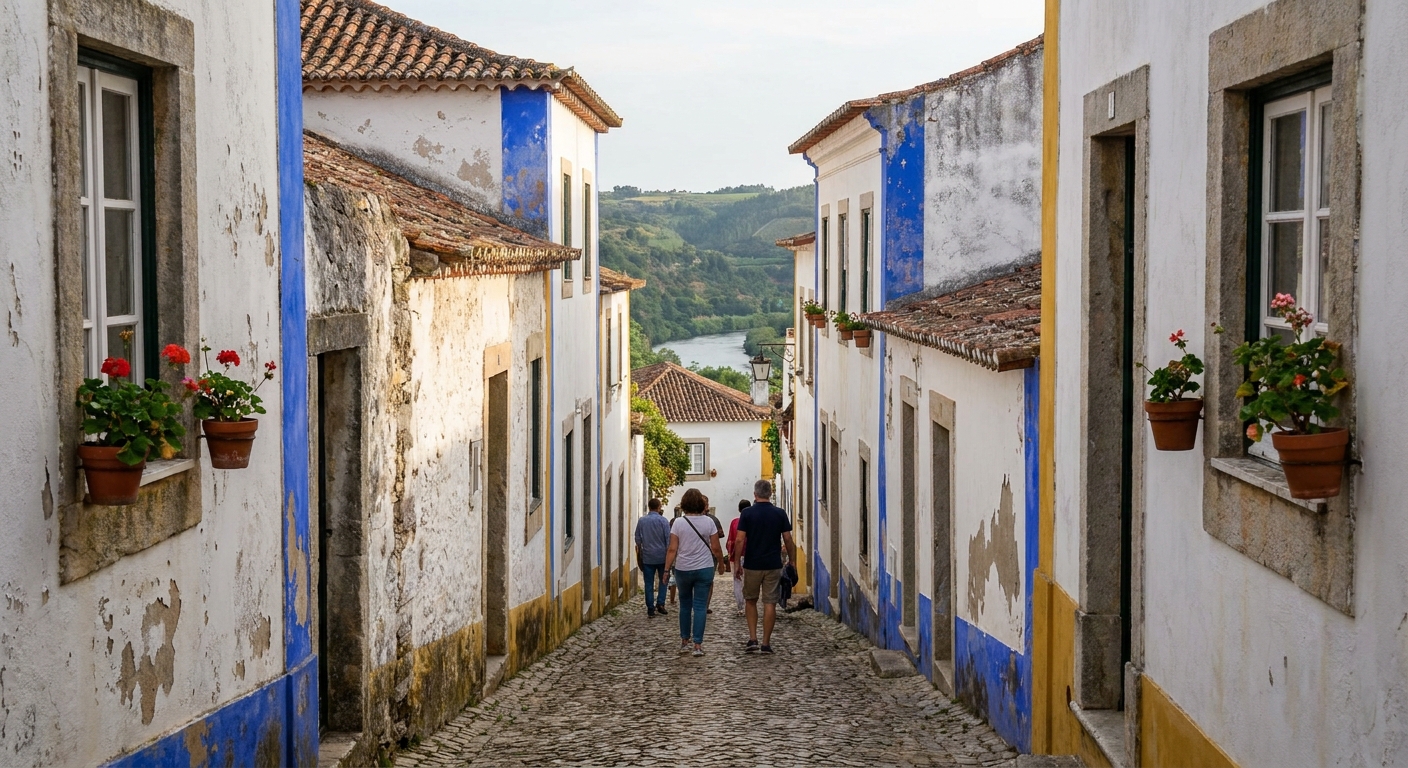 A person walking the unrailed top of the medieval stone wall at Óbidos with tiled rooftops below