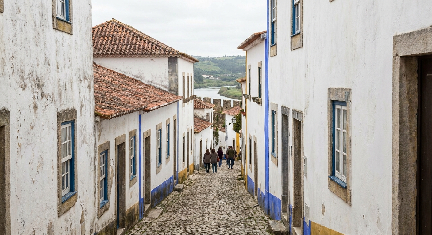 Whitewashed houses with blue-painted trim along a cobbled lane inside the walls of Óbidos