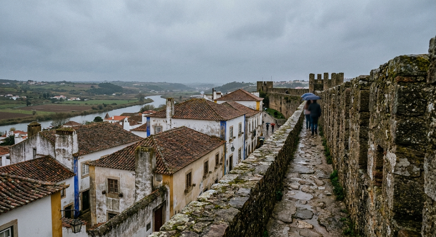 The medieval wall walk above terracotta rooftops in Óbidos under a gray sky