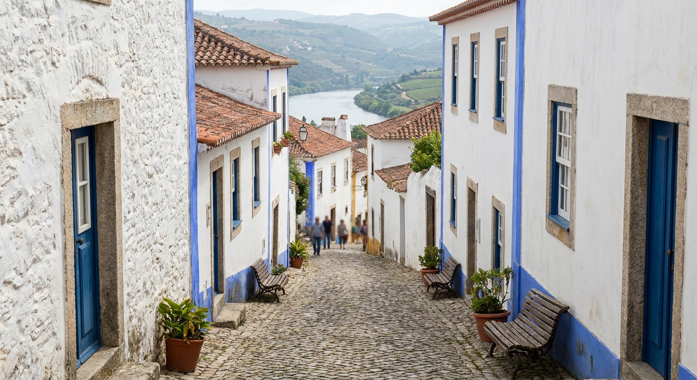 Whitewashed houses with blue and yellow painted trim along a narrow cobbled street inside a walled town