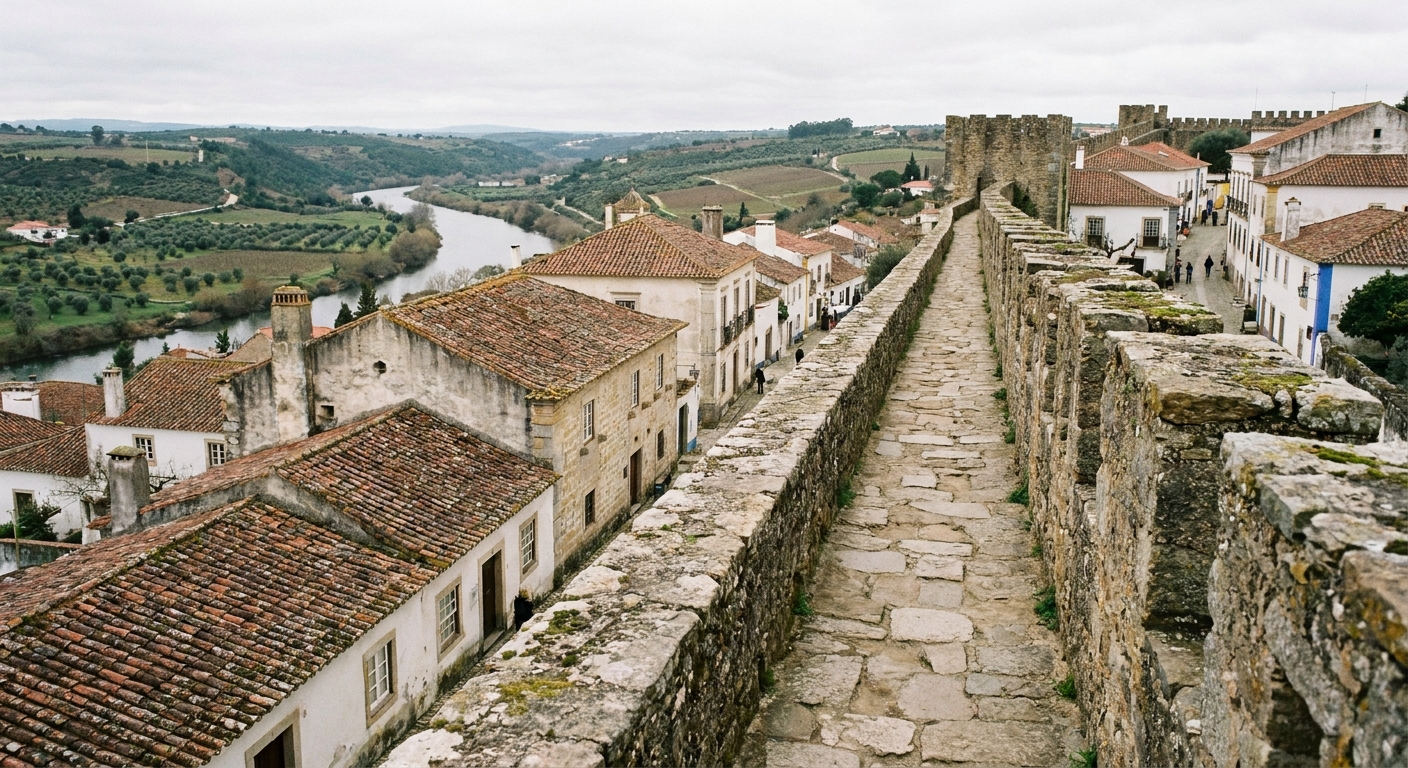 A stone rampart walkway curving above terracotta rooftops and a green valley