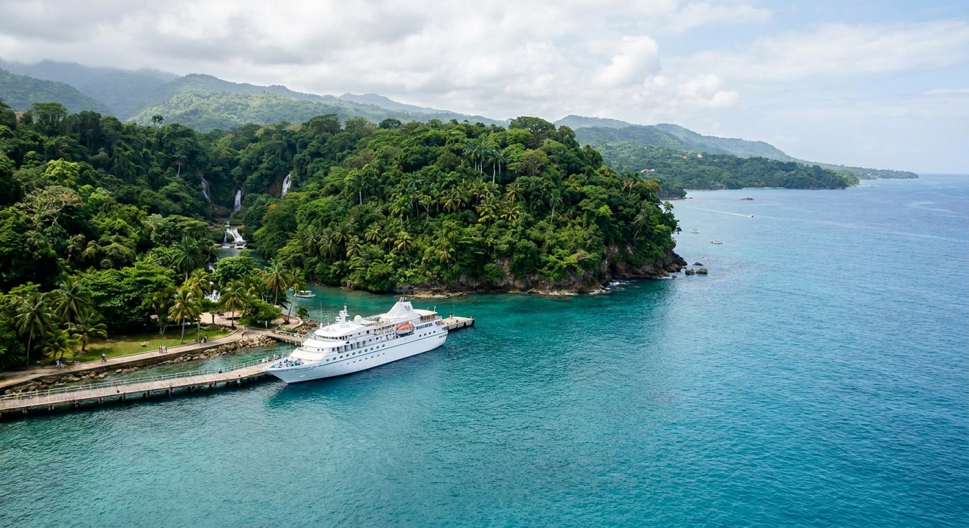 Turquoise water and a wooded headland at Ocho Rios bay on Jamaica's north coast