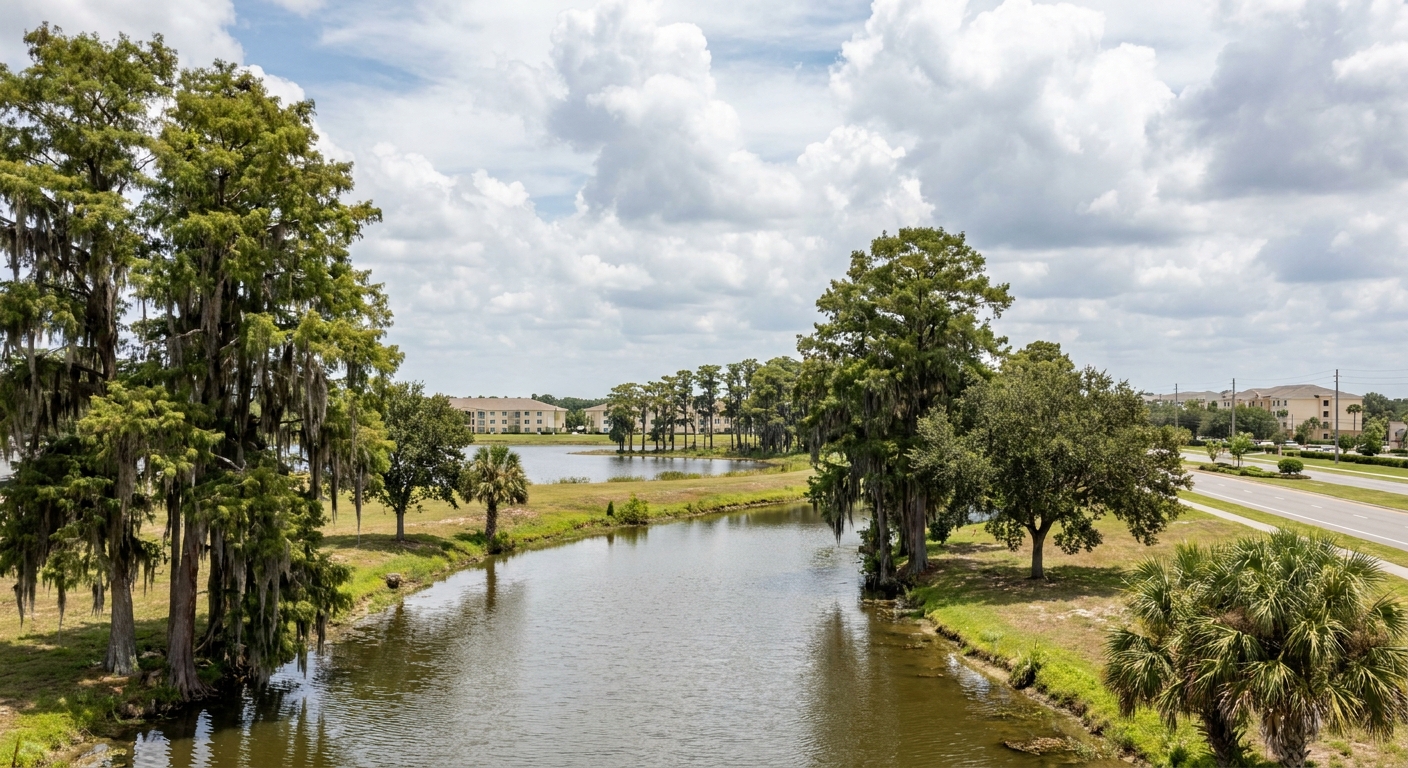 A cypress-lined river channel in central Florida under midday spring sunlight