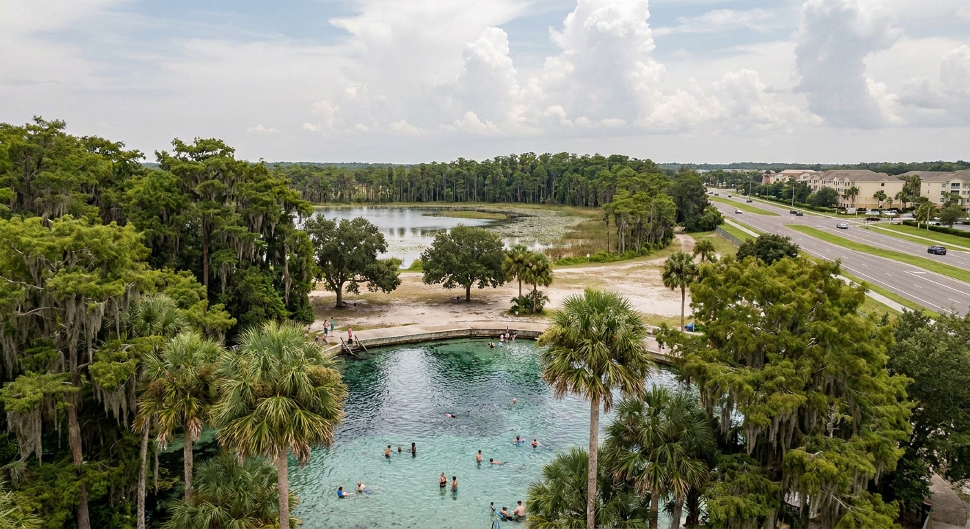 Swimmers in the clear spring pool at a Florida state park surrounded by palms and cypress