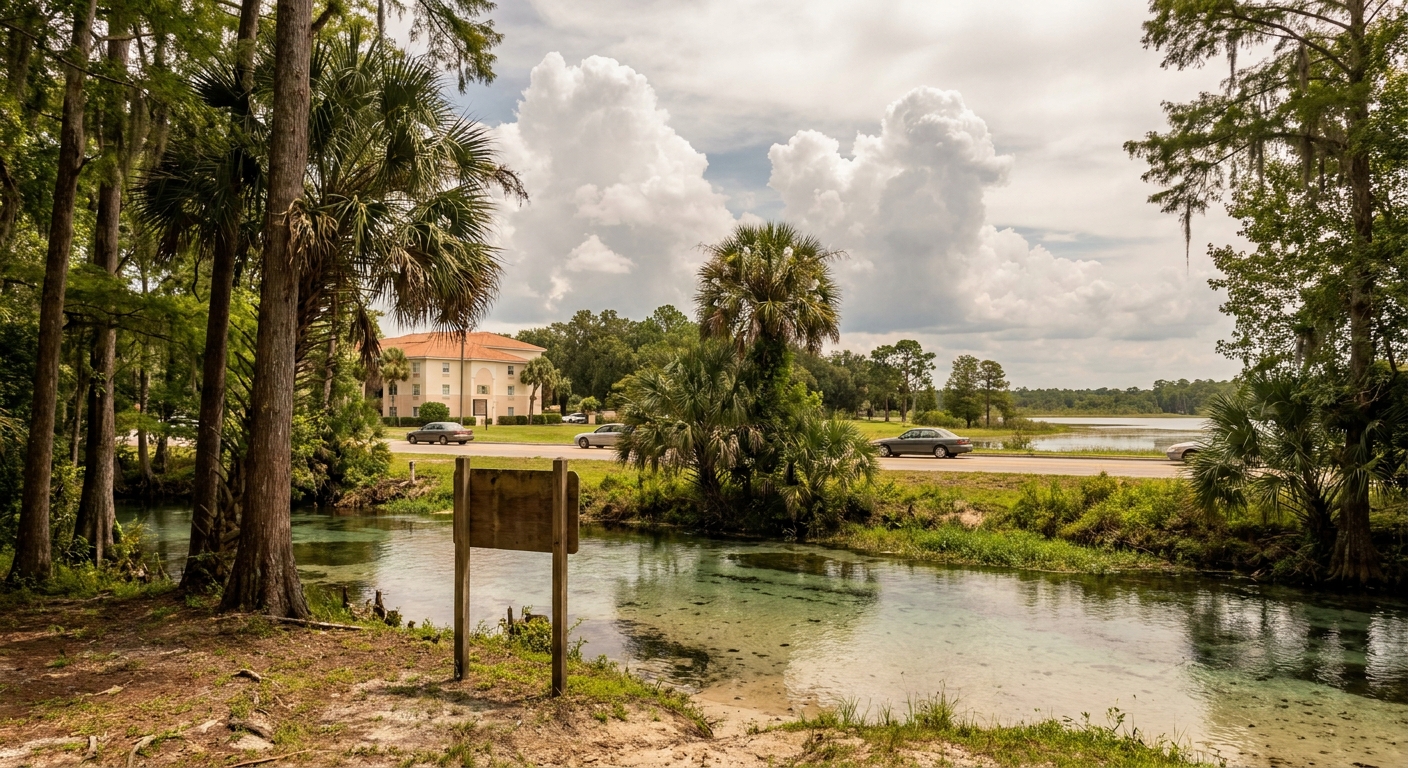 A clear spring run with pale sandy bottom and cypress trees along the bank in central Florida
