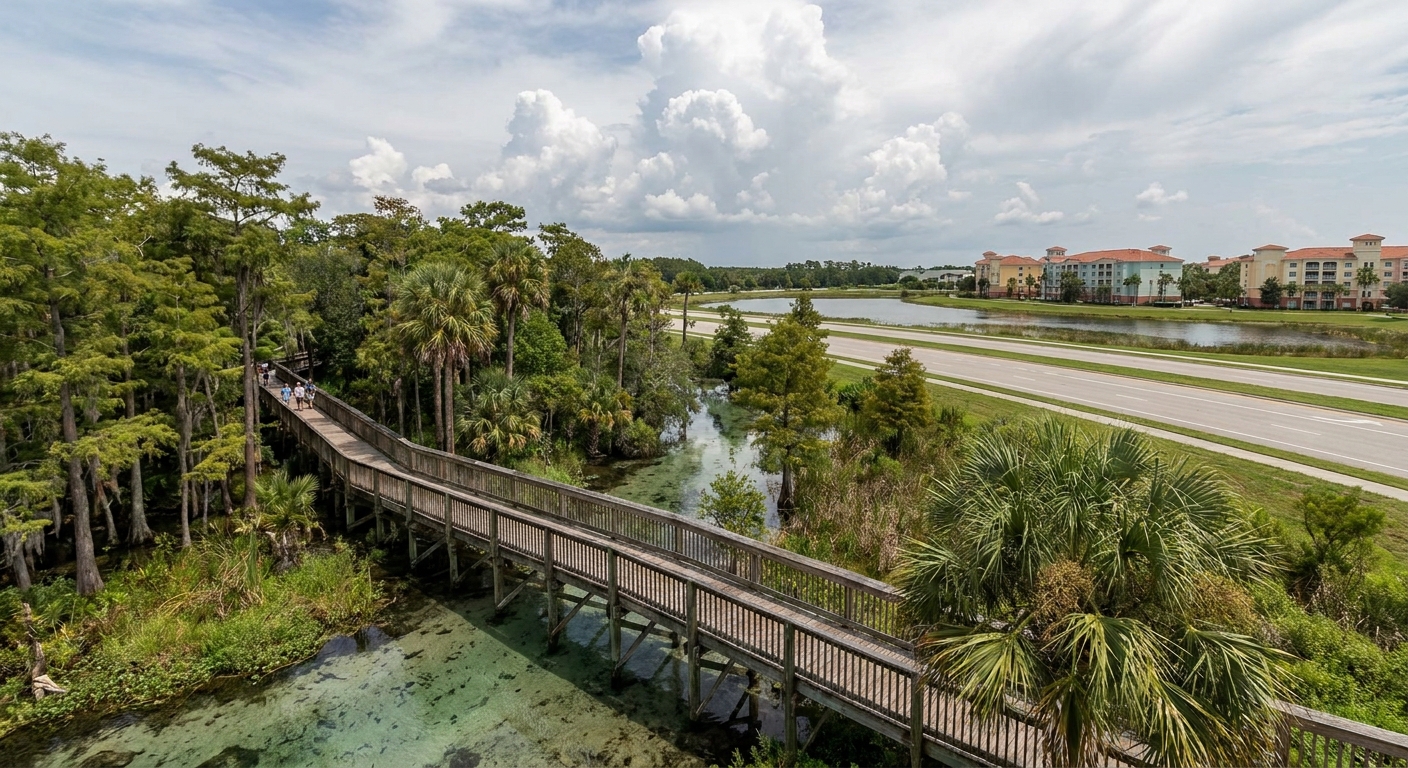 Boardwalk over clear spring water surrounded by palms and cypress in central Florida