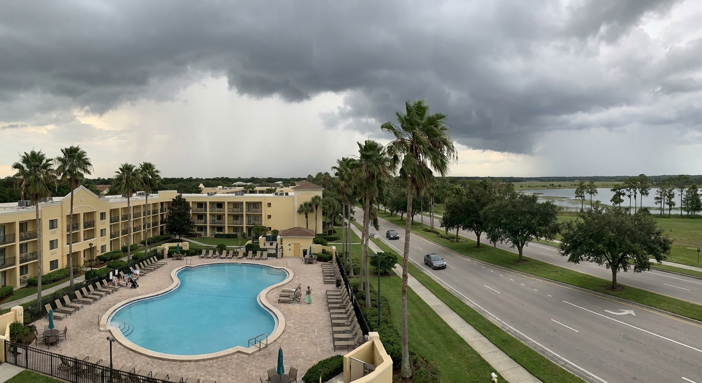 Storm clouds building over palm trees and a hotel pool in central Florida