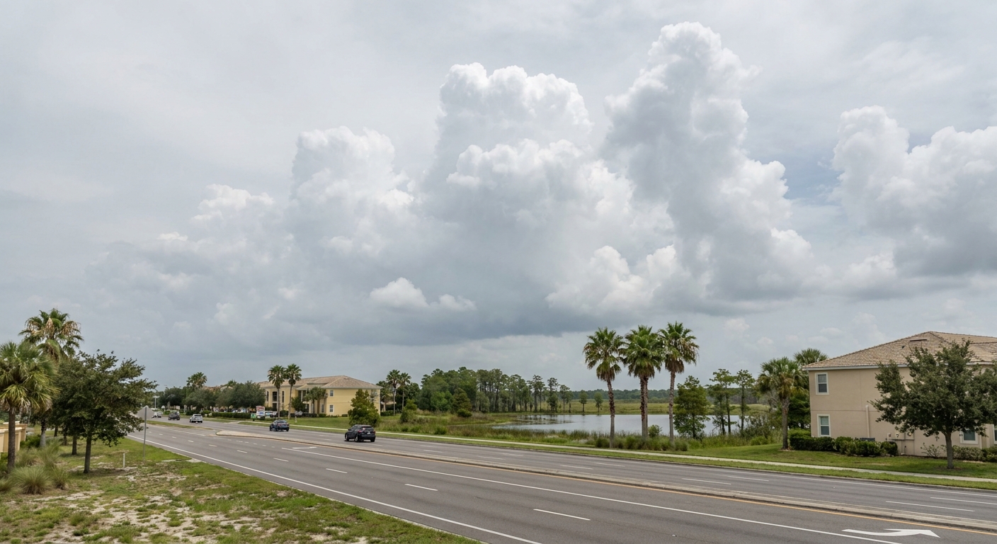 Cumulus clouds building over a lake fringed with palms in central Florida on a summer afternoon
