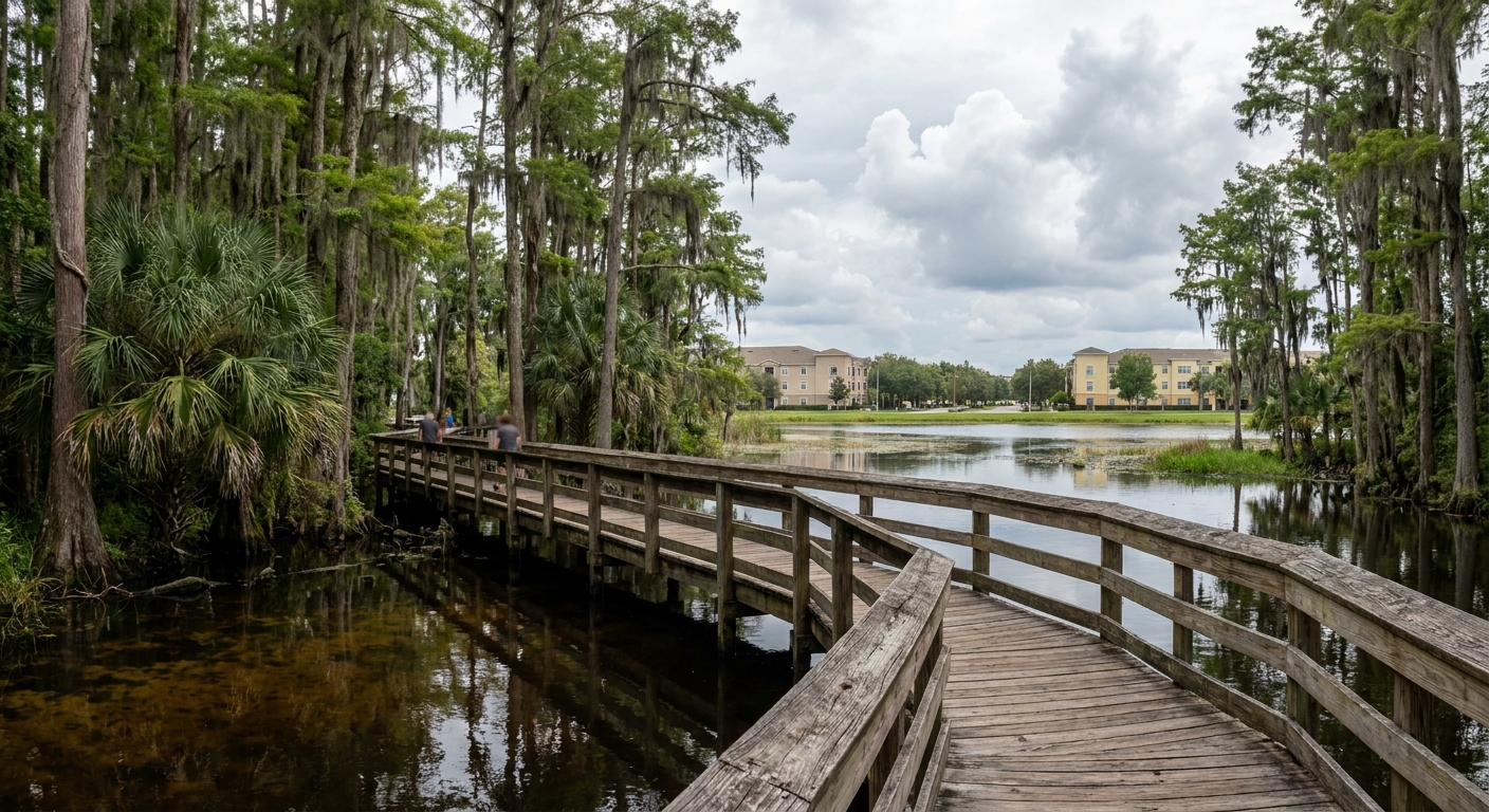 A wooden boardwalk crossing dark spring water under palms and cypress near Orlando