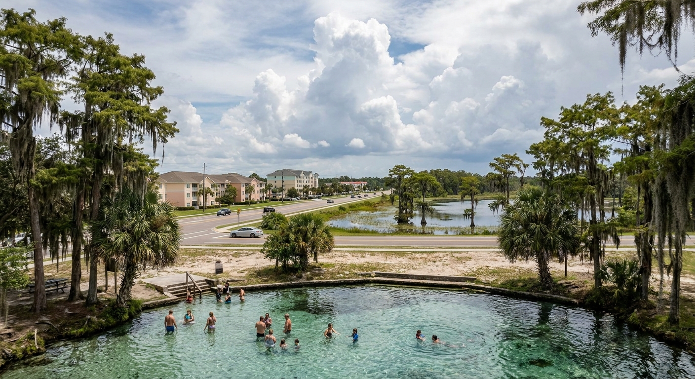 Clear spring water and cypress trees at a swimming area near Orlando