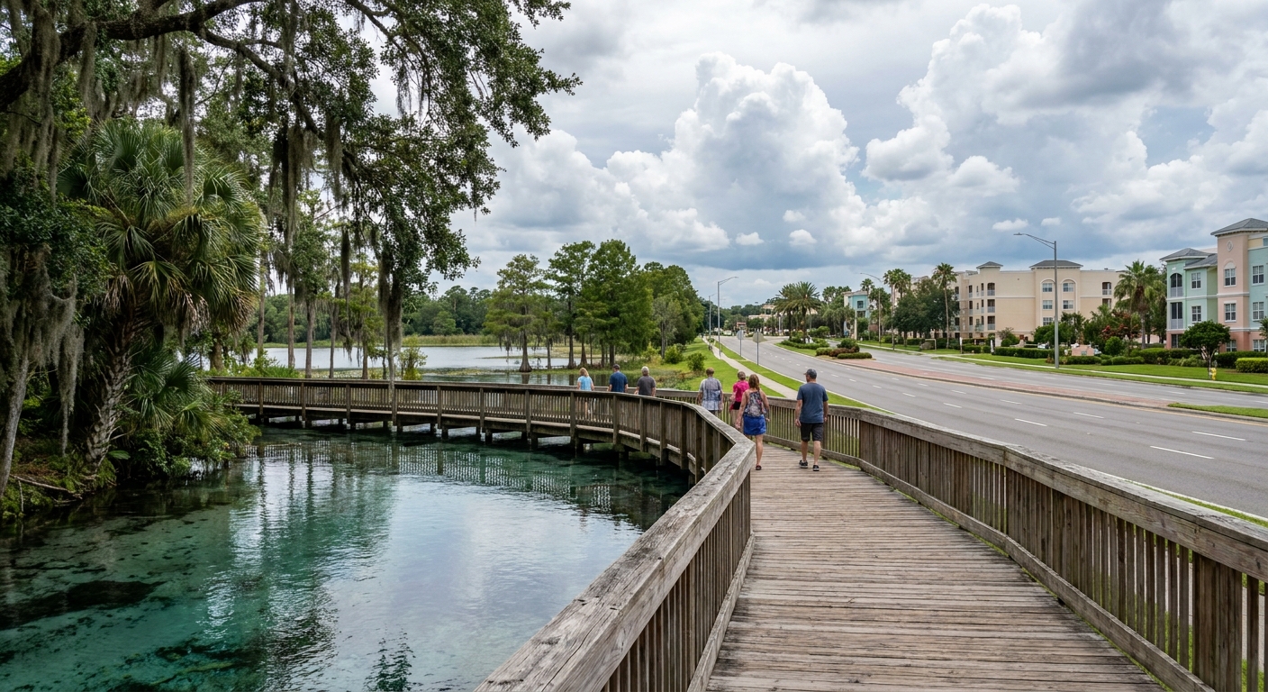 Wooden boardwalk running beside the clear blue-green water of a central Florida spring
