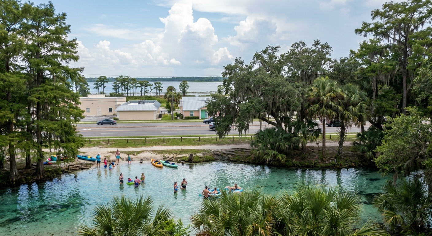 Clear spring water running between cypress and palmetto at a Florida state park swimming area