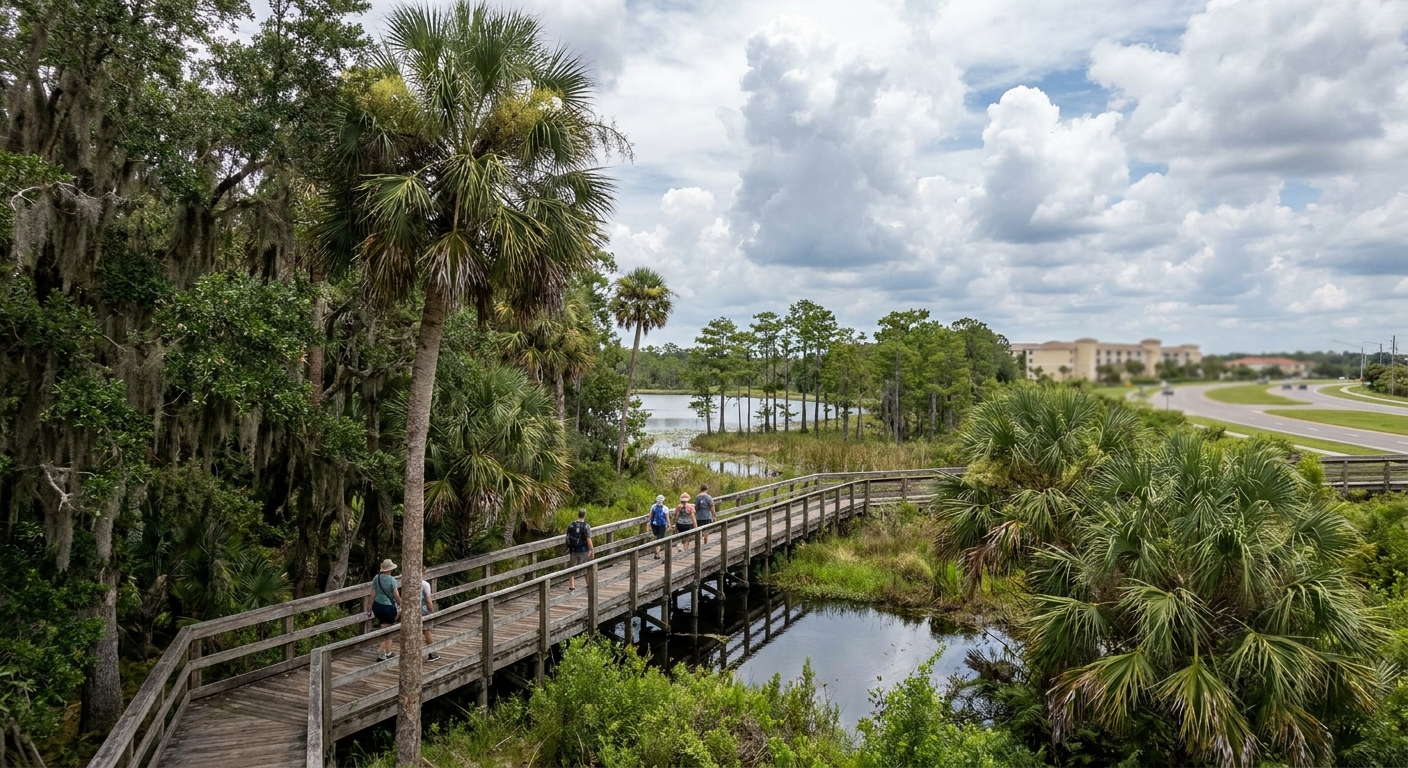 A wooden boardwalk crossing dark spring water under oaks and palms at a Florida state park