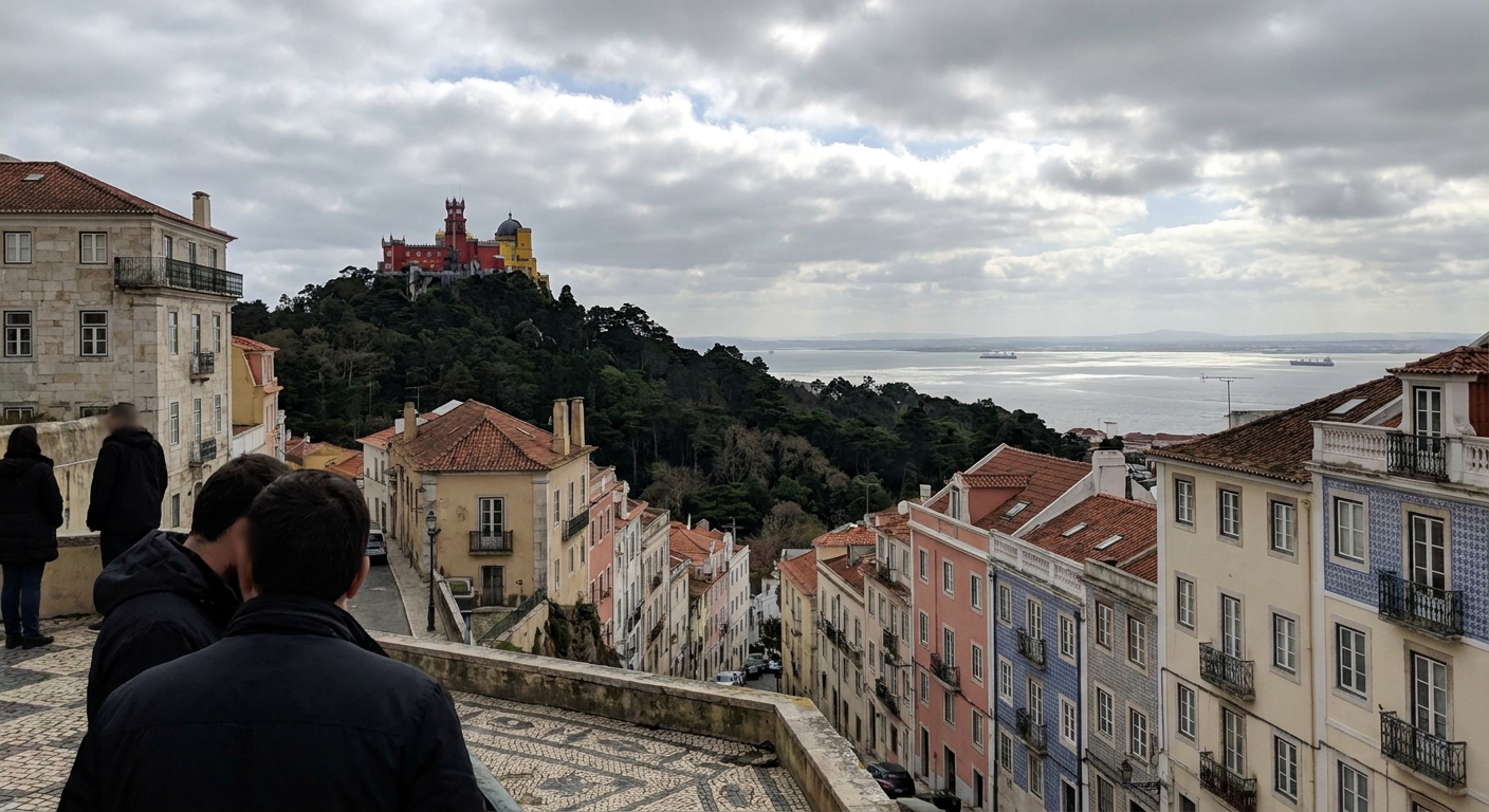 The red and yellow towers of Pena Palace rising above wooded hills under broken cloud