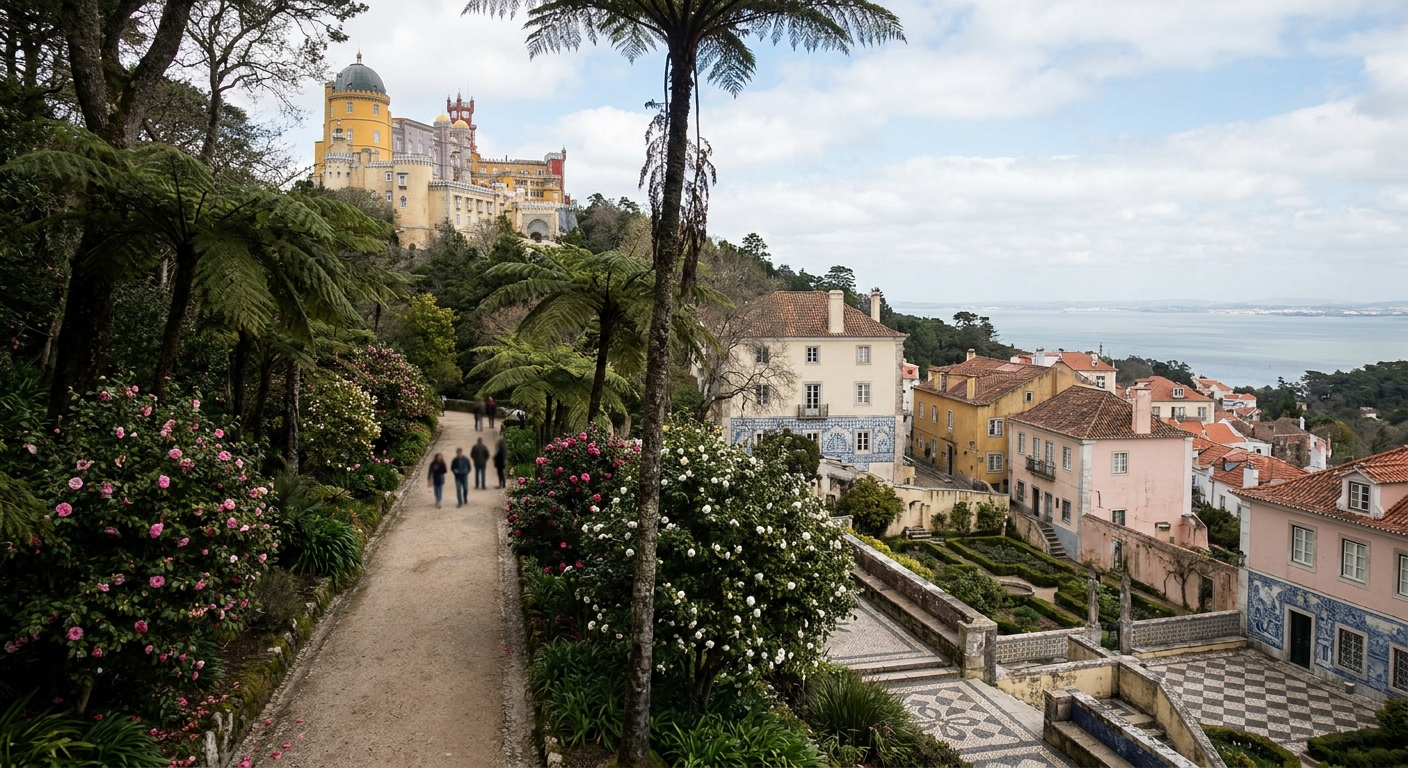 A shaded gravel path winding between tree ferns and camellias in the park below Pena Palace