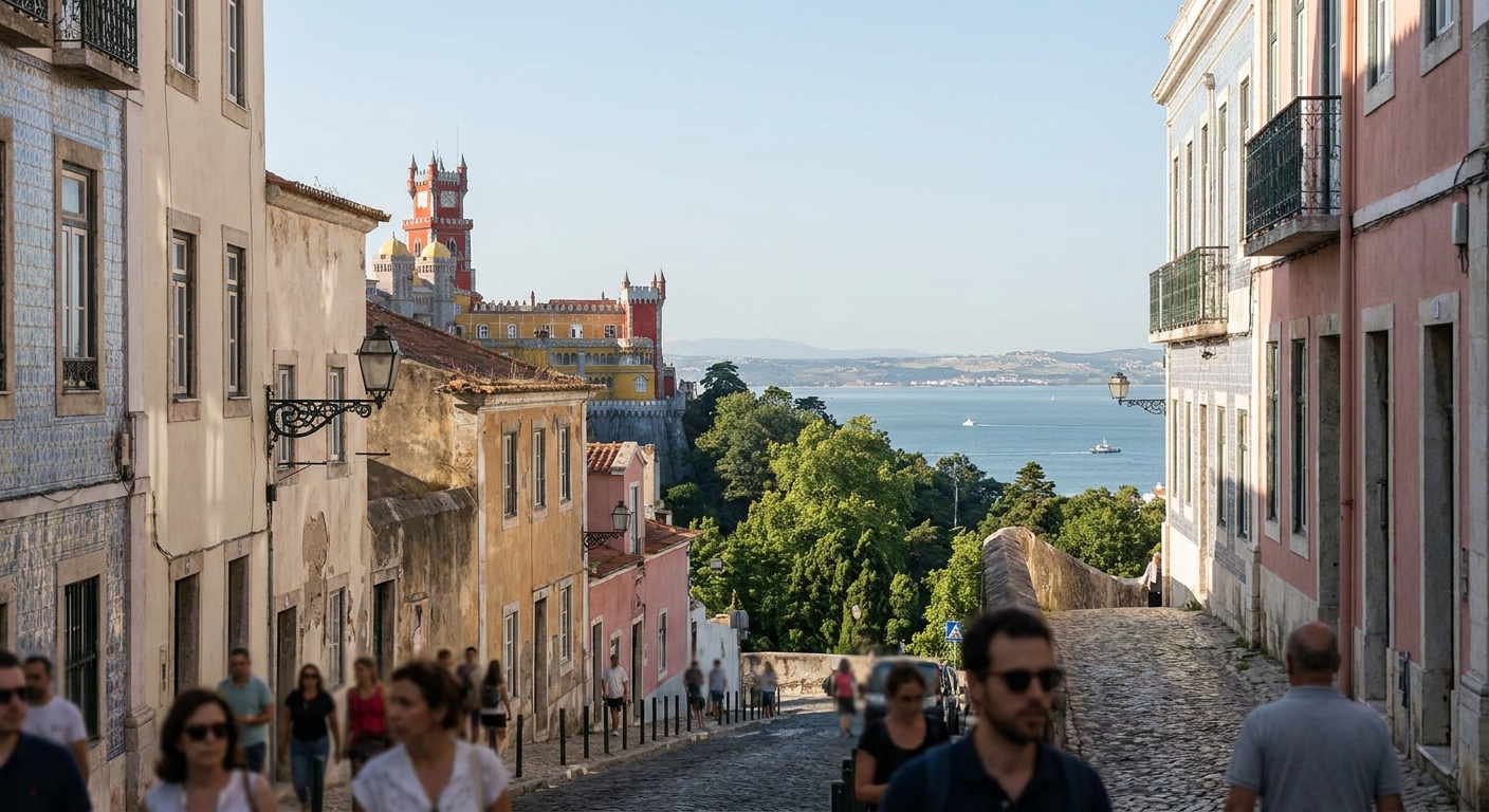 The red and yellow towers of a hilltop palace rising above dense wooded slopes under a clear sky