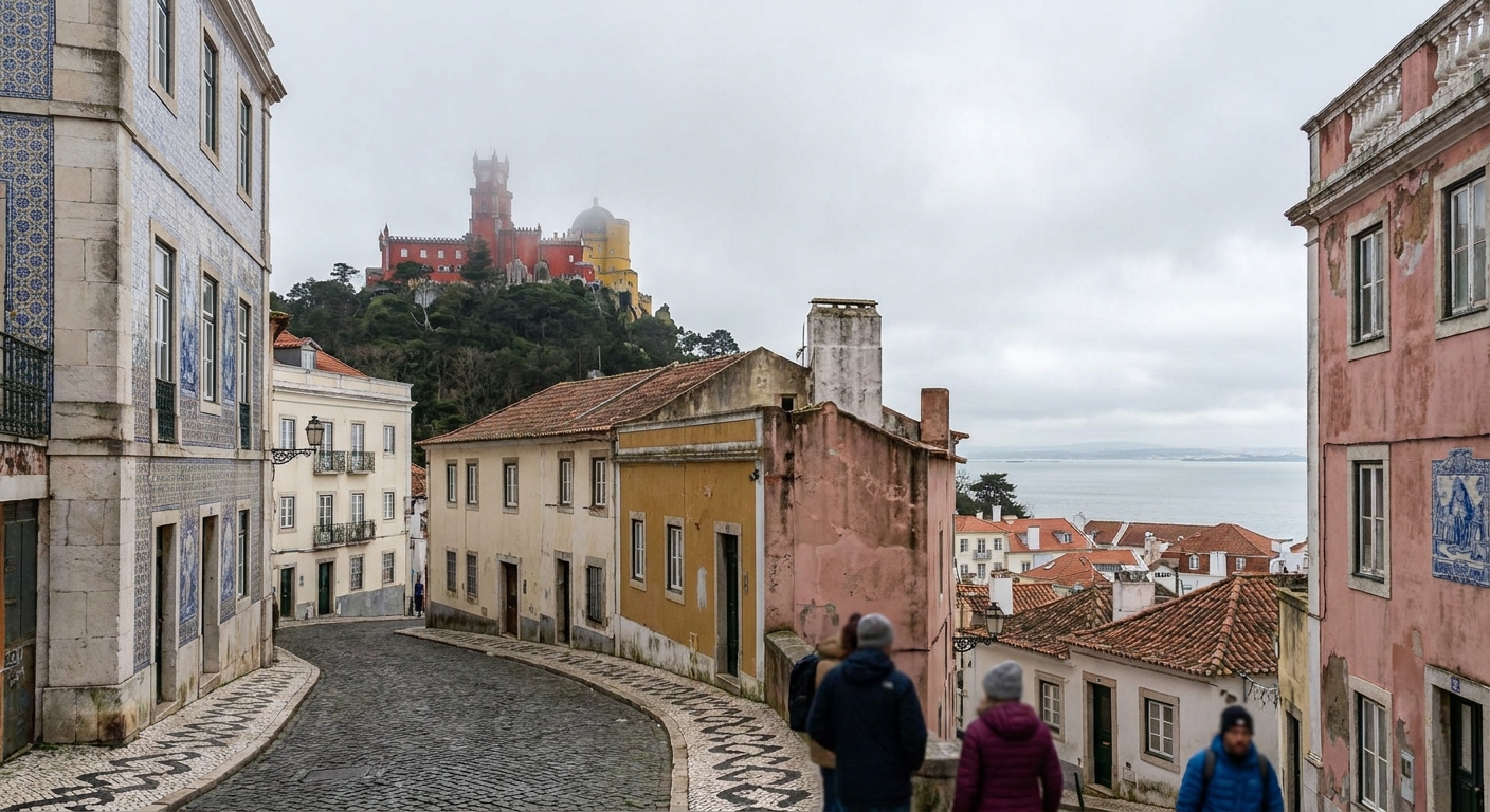 The red and yellow towers of Pena Palace emerging from hill mist