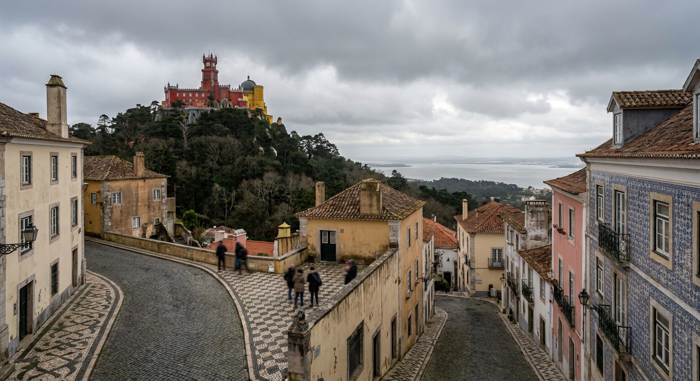 The red and yellow towers of Pena Palace rising above wooded hillside under gray winter cloud