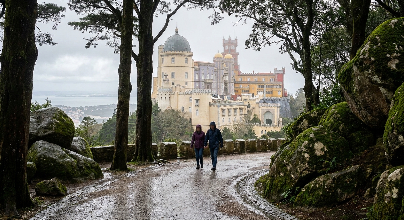 Wet gravel path winding between tall trees and moss-covered rocks in the park below Pena Palace