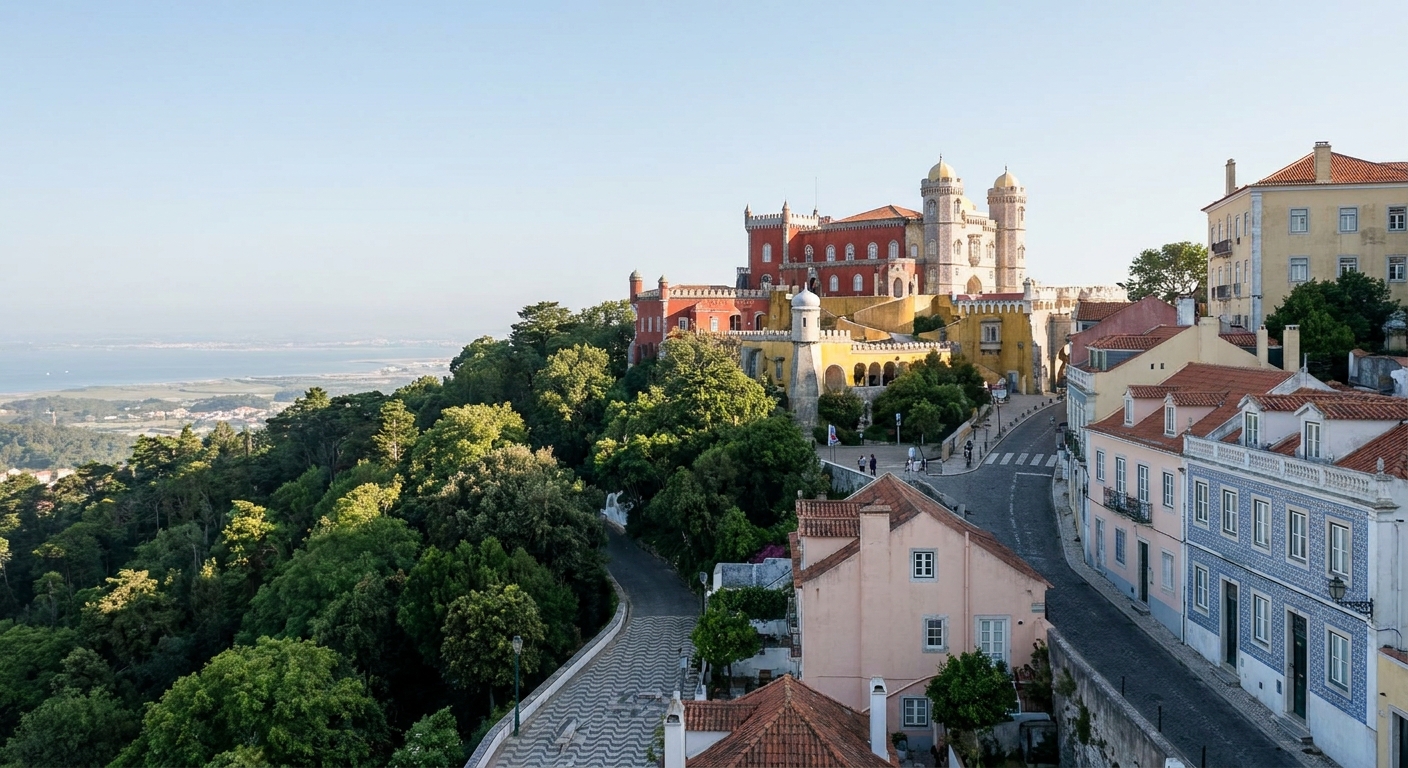 Pena Palace's red and yellow terraces rising above a wooded hillside under a clear sky