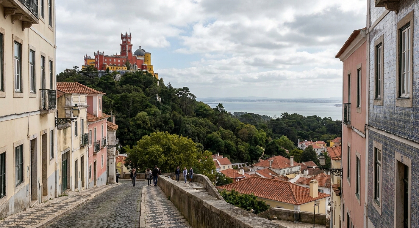 The red and yellow towers of Pena Palace rising above wooded hillside under broken cloud