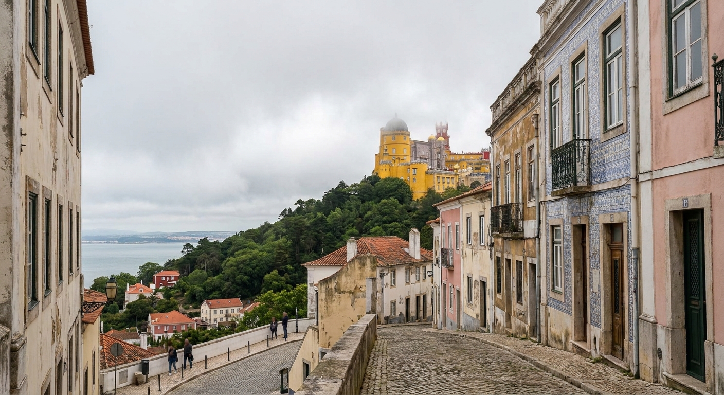 The yellow and red towers of Pena Palace rising above wooded hills under a bank of low cloud