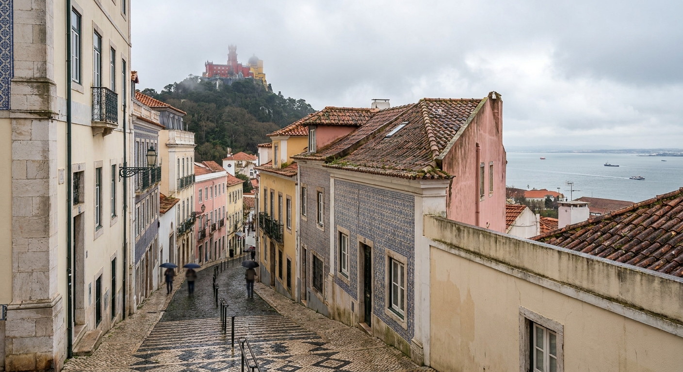 Red and yellow towers of a hilltop palace half hidden in low cloud above wooded slopes