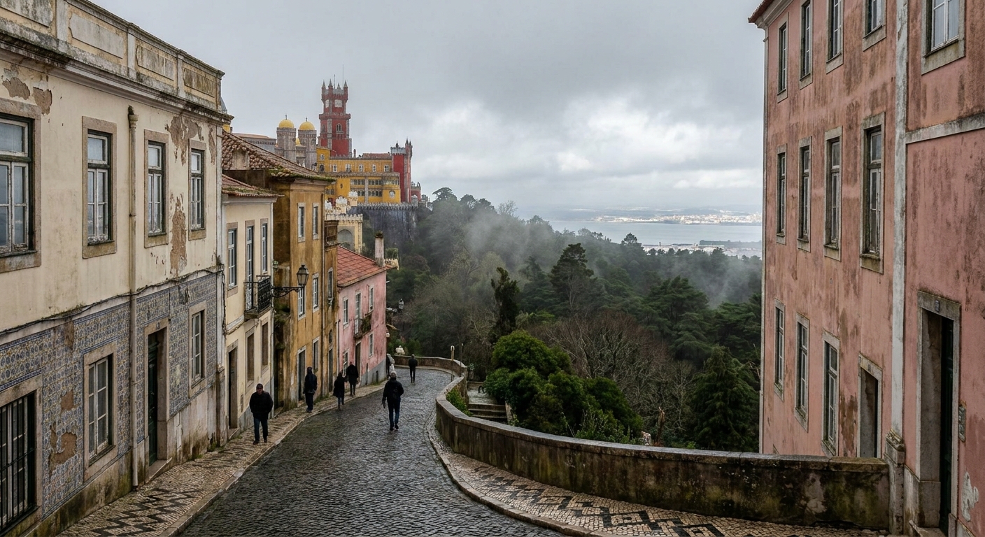 The red and yellow towers of Pena Palace rising above wooded hills under low cloud