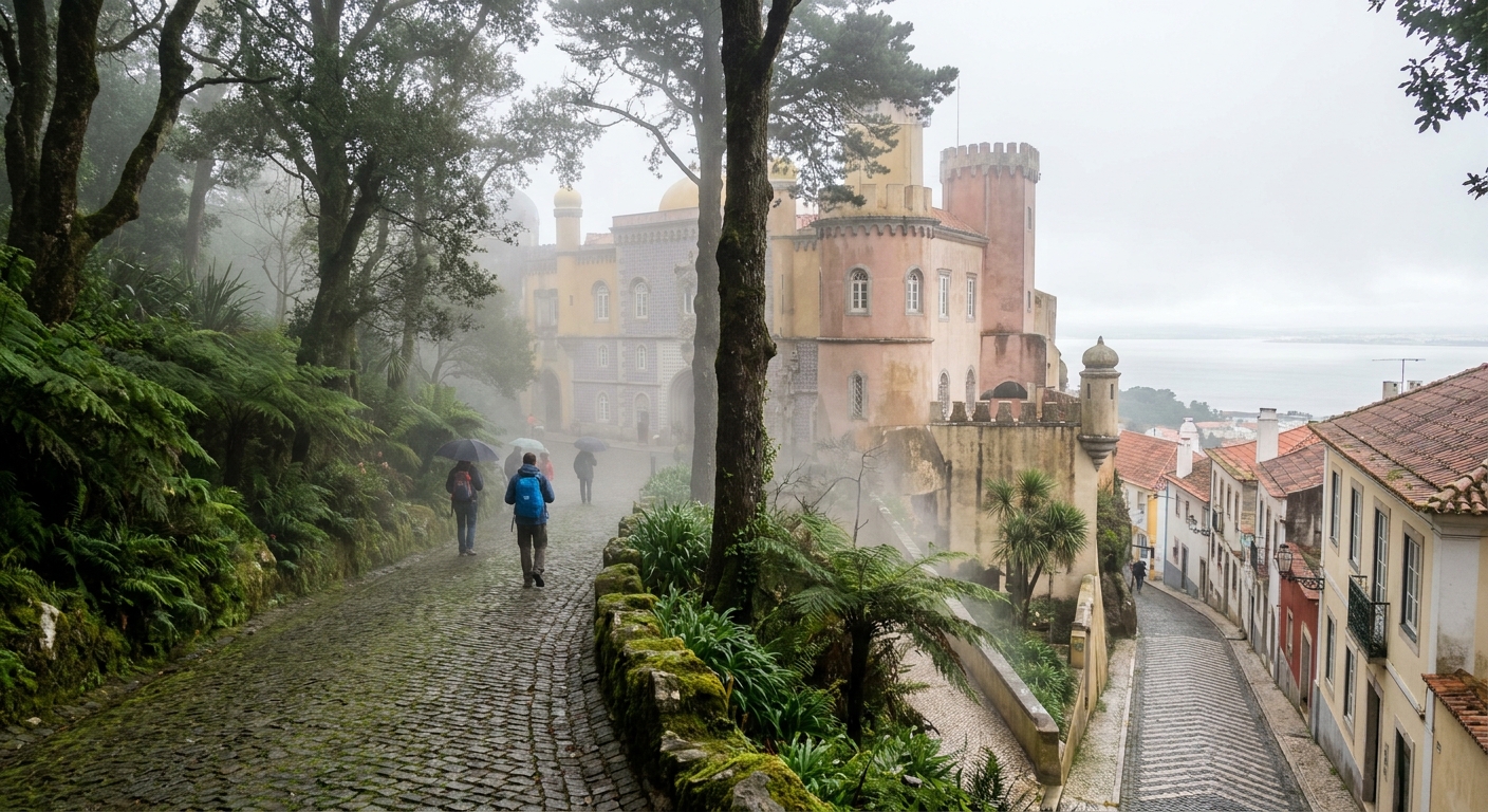 Mist drifting through the wooded paths and ferns of Pena Park below the palace