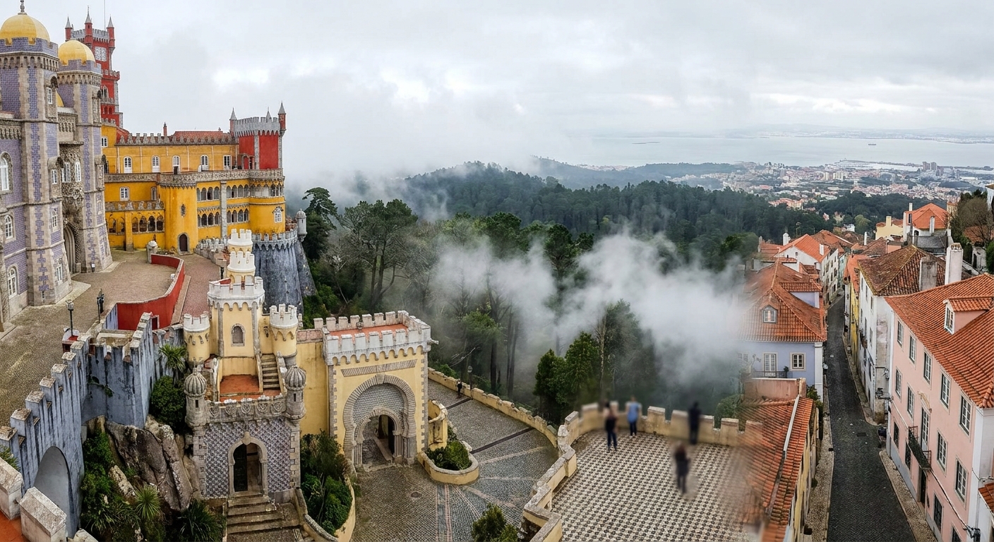 Pena Palace's red and yellow towers on a wooded ridge with cloud lying below the terraces