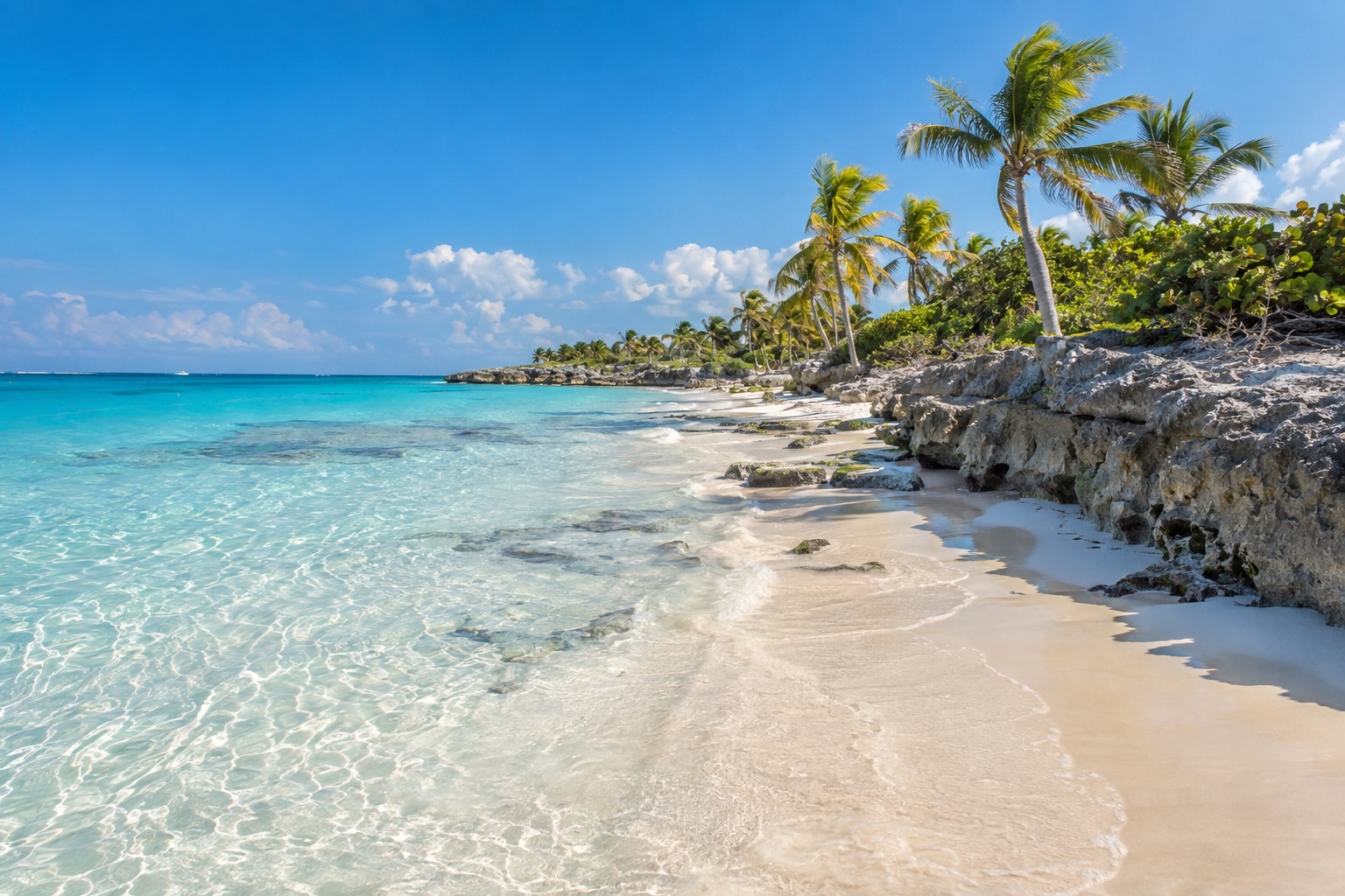 Wide white-sand beach with turquoise water and palm trees on the Caribbean coast of Mexico