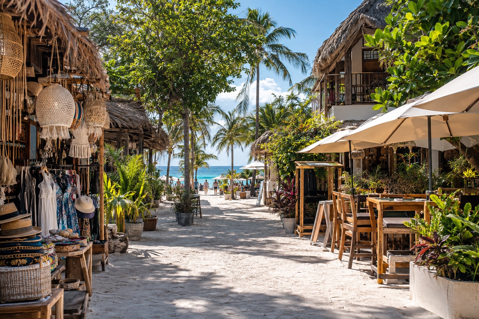Pedestrian street lined with shops and restaurants in Playa del Carmen