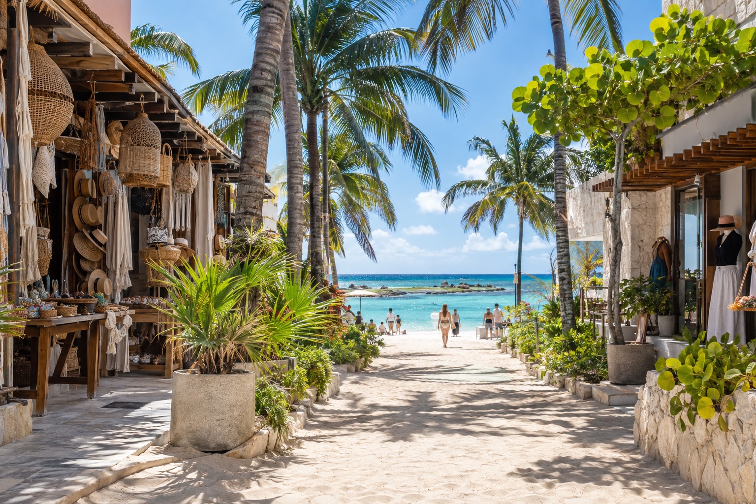 Pedestrian street with shops and palm trees in Playa del Carmen on a clear morning