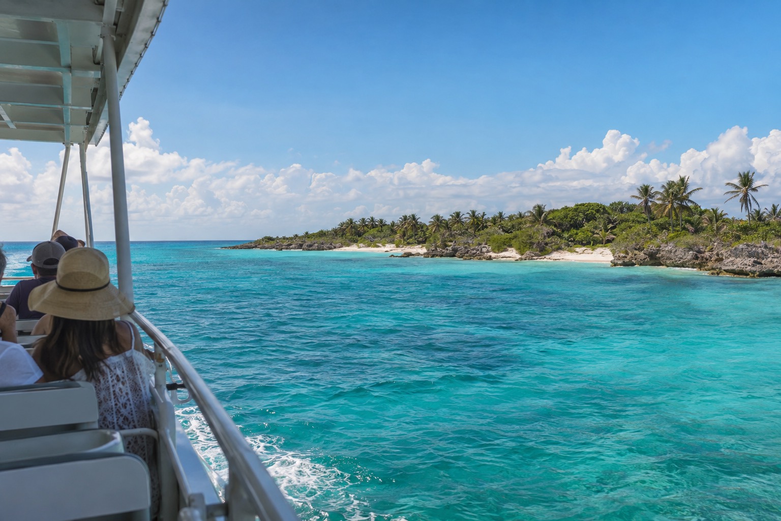 A passenger ferry crossing turquoise water off the Caribbean coast of Quintana Roo