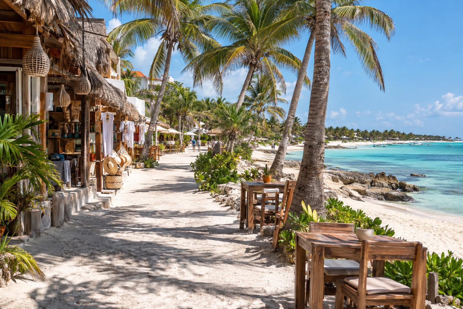 Pedestrian street lined with shops and restaurants running parallel to the beach