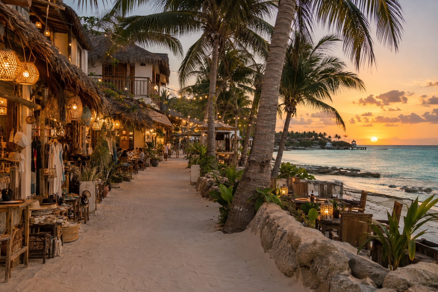 Pedestrian street lined with shops, restaurants and string lights in a Caribbean beach town at dusk