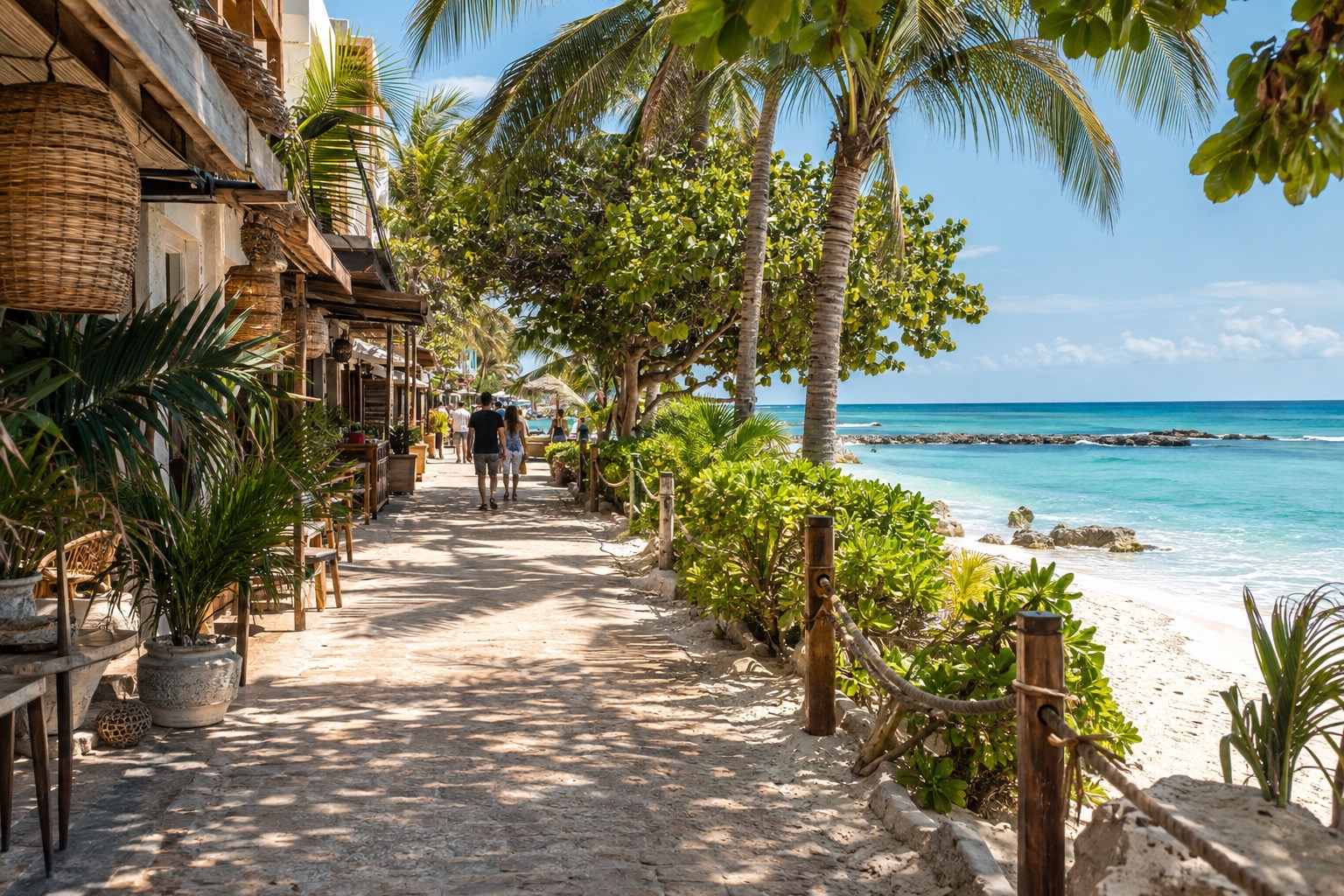 A pedestrian street lined with shops and restaurants running parallel to the beach in Playa del Carmen