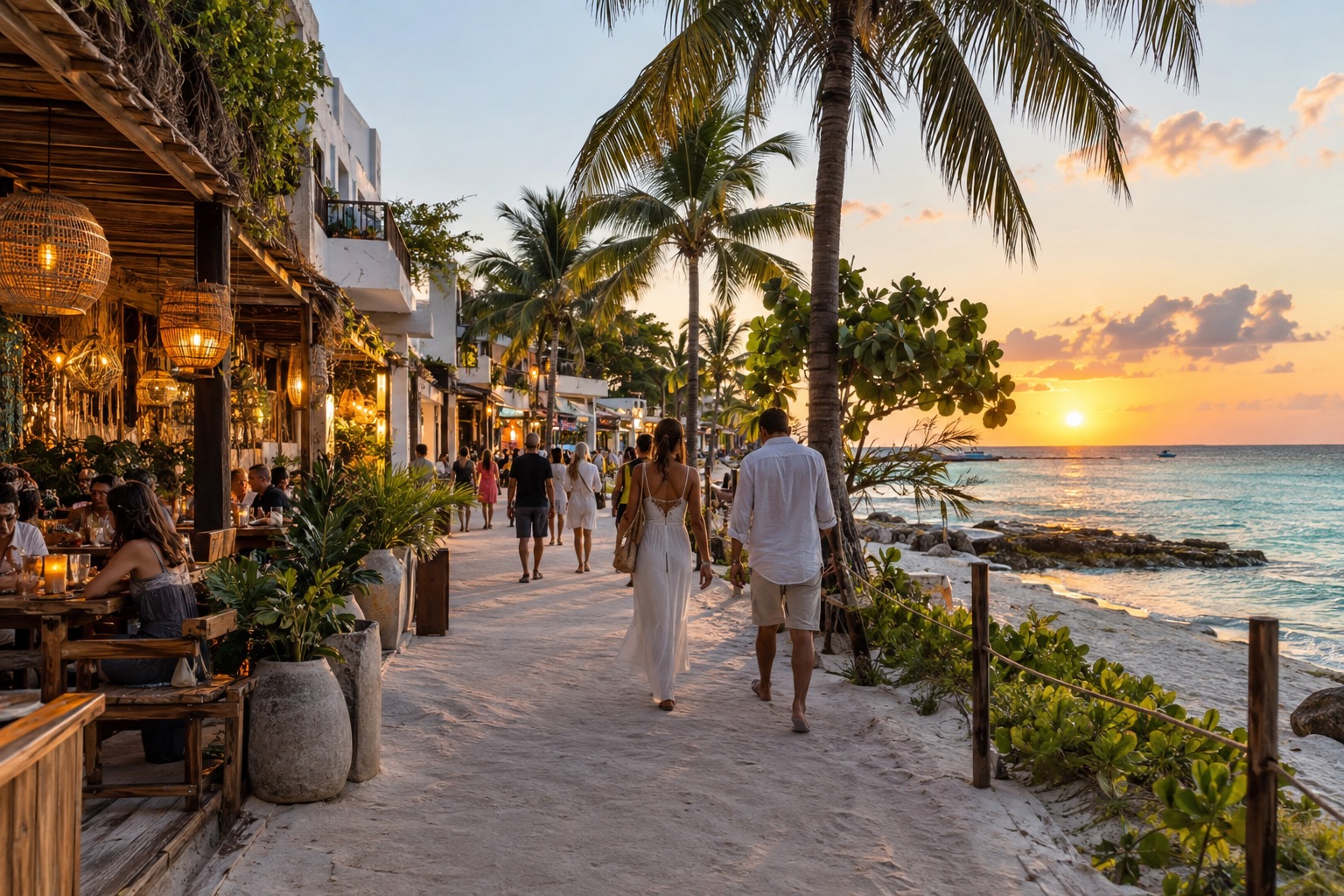 Pedestrian street lined with shops and open-air restaurants in Playa del Carmen in the evening