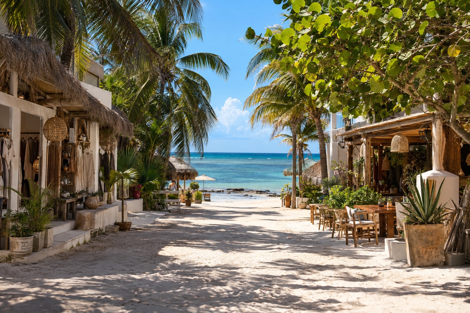 Pedestrian street lined with shops and restaurants in a Caribbean beach town