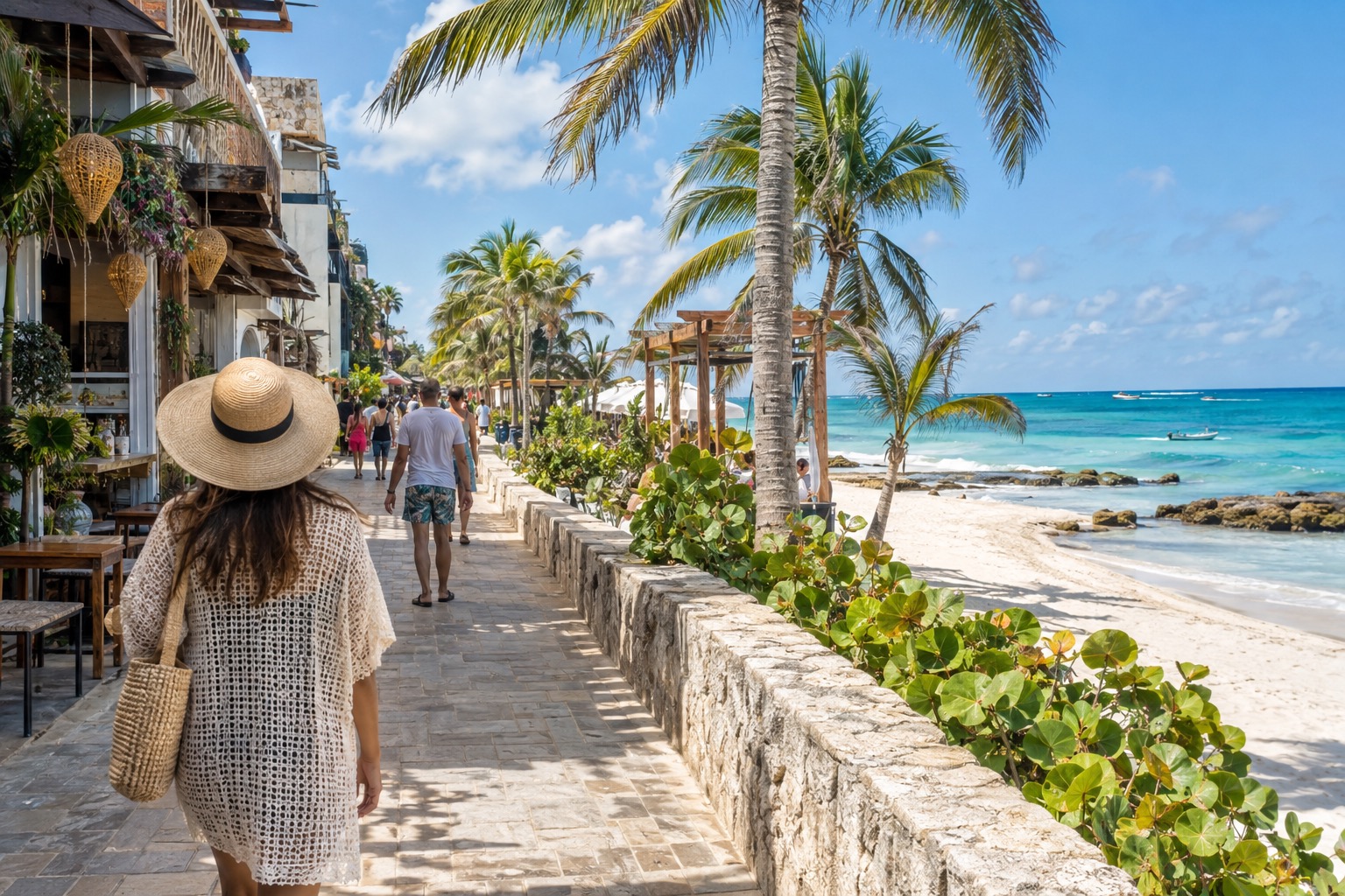 A pedestrian street lined with shops and restaurants running parallel to a Caribbean beach in Playa del Carmen