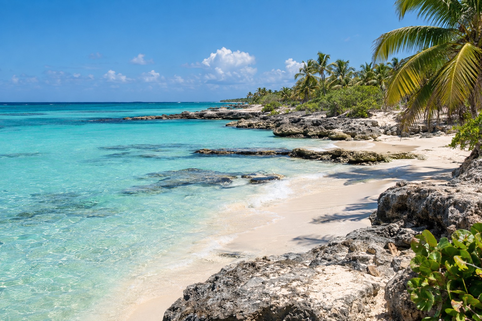 A turquoise Caribbean shoreline with a white sand beach on the Riviera Maya