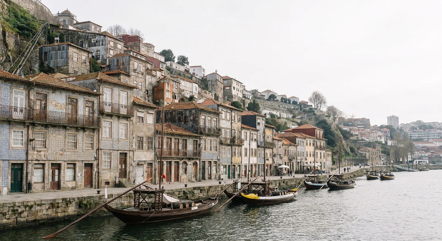 Tiered houses of the Ribeira district rising above the Douro river with moored boats below