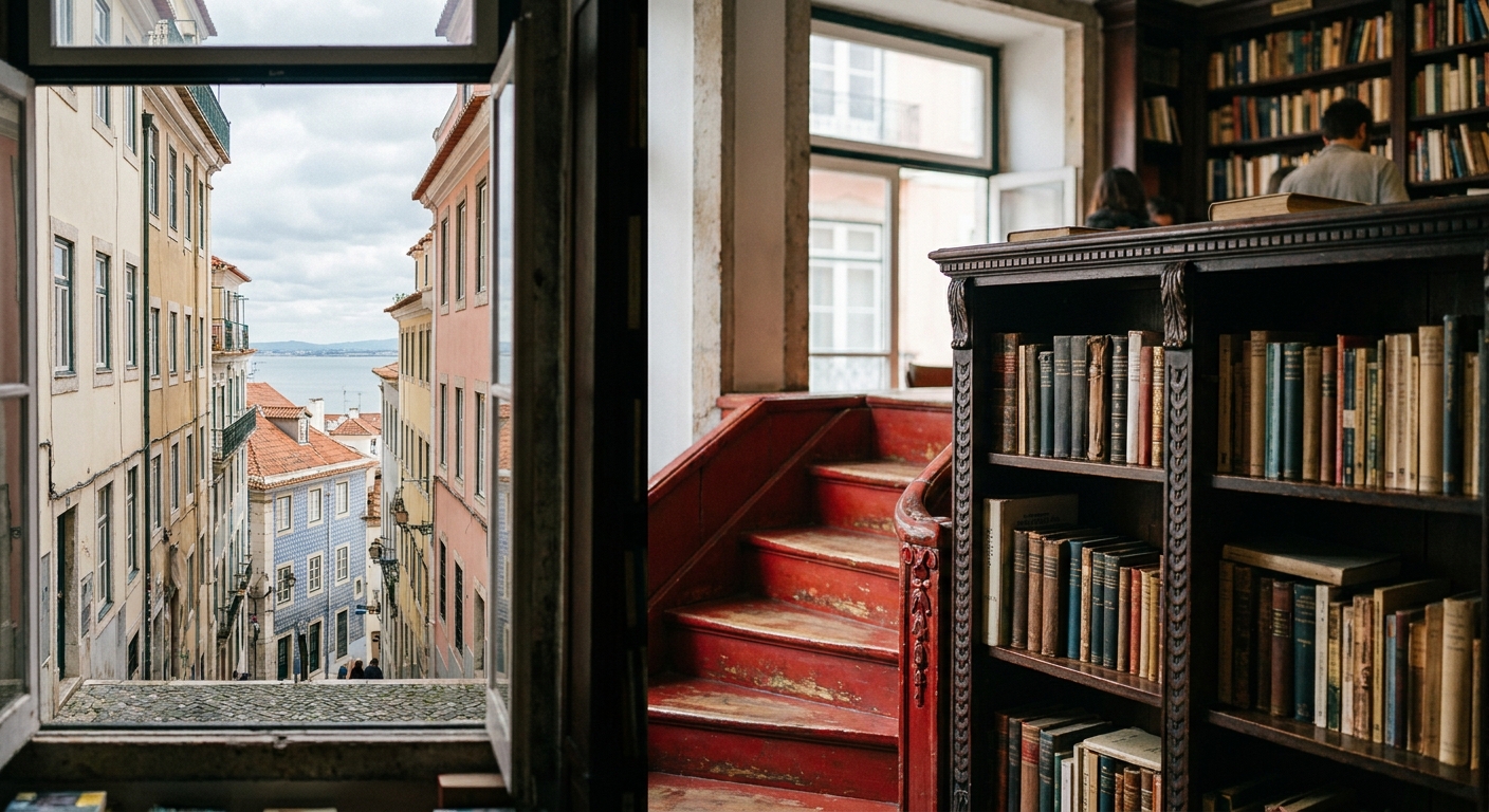 Ornate red wooden staircase and carved shelves inside a historic bookshop